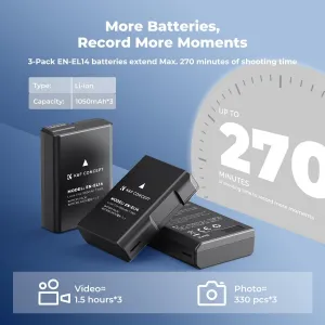 K&F Concept Batéria pre fotoaparát Nikon EN-EL14 1050 mAh, balenie 3 ks + nabíjačka, sada nabíjačiek pre LCD displej, trojslotová 42329