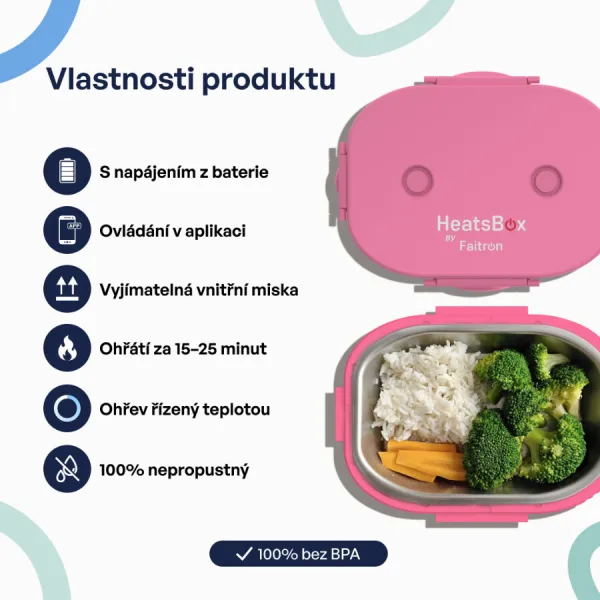 Faitron HeatsBox GO Light šikovný ohrievací obedový box na batériu, ružový HB-06-102B_PN