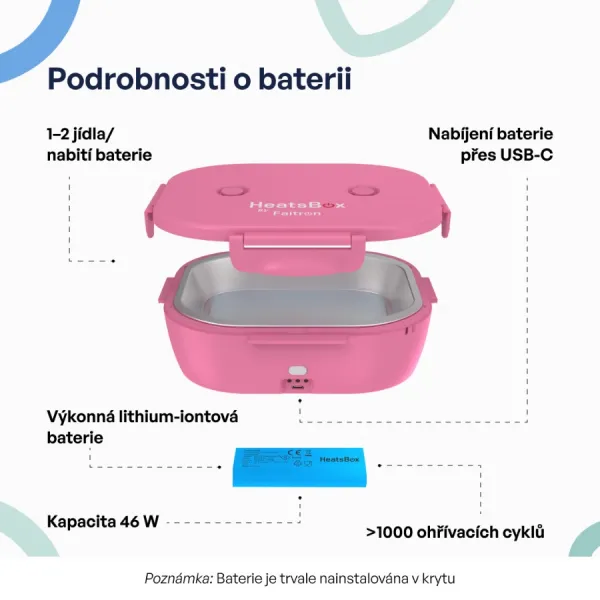 Faitron HeatsBox GO Light šikovný ohrievací obedový box na batériu, ružový HB-06-102B_PN