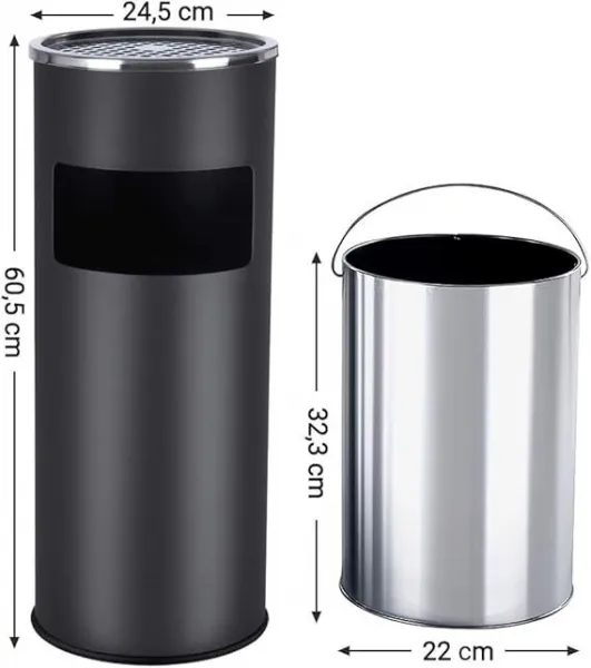 Kovový odpadkový kôš s popolníkom, objem 30 l, čierny, nerez