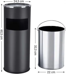 Kovový odpadkový kôš s popolníkom, objem 30 l, čierny, nerez