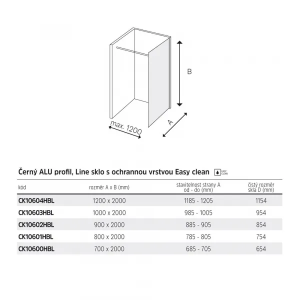 Mereo Sprchová stena WALK IN, Novea, 120 x 2000 cm, čierny ALU, sklo Line CK10604HBL