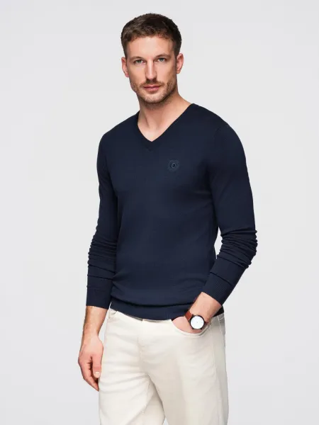 Ombre Men's elegant BASIC V-neck sweater with viscose - navy blue