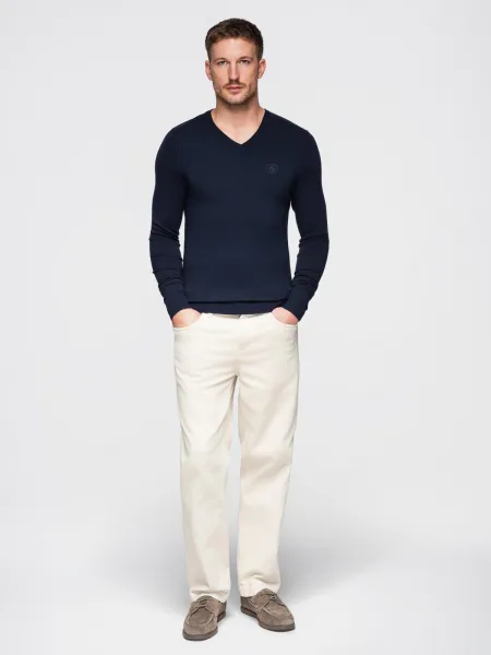 Ombre Men's elegant BASIC V-neck sweater with viscose - navy blue