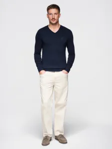 Ombre Men's elegant BASIC V-neck sweater with viscose - navy blue