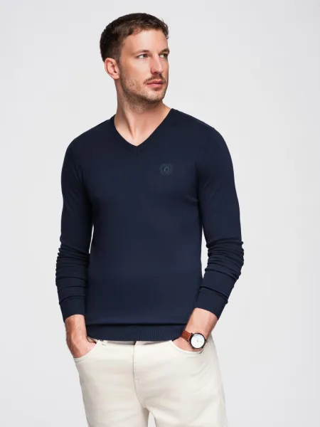 Ombre Men's elegant BASIC V-neck sweater with viscose - navy blue