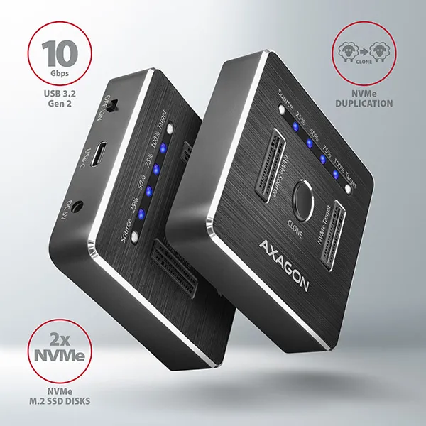 AXAGON ADSA-M2C, USB-C 3.2 Gen 2 - 2x M.2 dokovacie stanice NVMe SSD CLONE MASTER