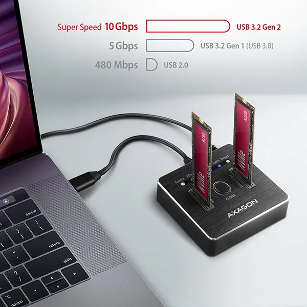 AXAGON ADSA-M2C, USB-C 3.2 Gen 2 - 2x M.2 dokovacie stanice NVMe SSD CLONE MASTER