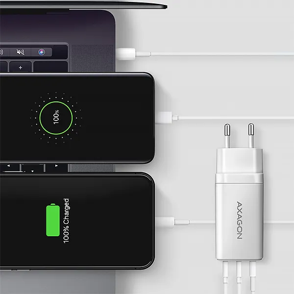 AXAGON ACU-DPQ65W, GaN nabíjačka do siete 65W, 3x port (USB-A + dual USB-C), PD3.0/QC4+/PPS/Apple, biela