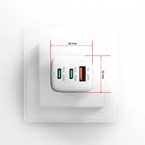 AXAGON ACU-DPQ65W, GaN nabíjačka do siete 65W, 3x port (USB-A + dual USB-C), PD3.0/QC4+/PPS/Apple, biela