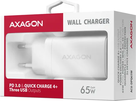 AXAGON ACU-DPQ65W, GaN nabíjačka do siete 65W, 3x port (USB-A + dual USB-C), PD3.0/QC4+/PPS/Apple, biela
