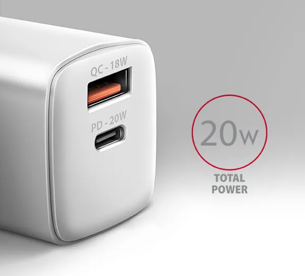 AXAGON ACU-PQ20W, nabíjačka do siete 20W, 2x port (USB-A + USB-C), PD3.0/PPS/QC4+/AFC/Apple, biela