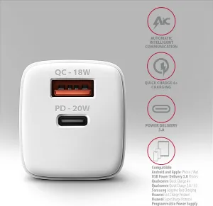 AXAGON ACU-PQ20W, nabíjačka do siete 20W, 2x port (USB-A + USB-C), PD3.0/PPS/QC4+/AFC/Apple, biela