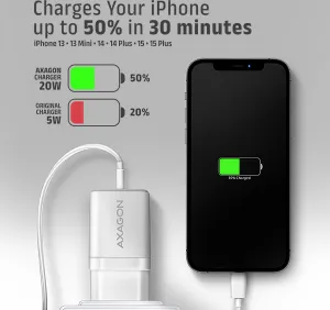 AXAGON ACU-PQ20W, nabíjačka do siete 20W, 2x port (USB-A + USB-C), PD3.0/PPS/QC4+/AFC/Apple, biela