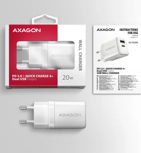 AXAGON ACU-PQ20W, nabíjačka do siete 20W, 2x port (USB-A + USB-C), PD3.0/PPS/QC4+/AFC/Apple, biela
