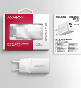 AXAGON ACU-PQ20W, nabíjačka do siete 20W, 2x port (USB-A + USB-C), PD3.0/PPS/QC4+/AFC/Apple, biela