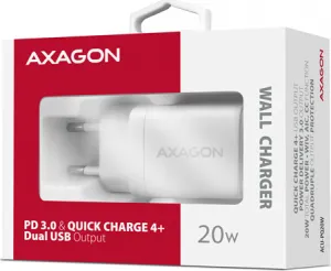 AXAGON ACU-PQ20W, nabíjačka do siete 20W, 2x port (USB-A + USB-C), PD3.0/PPS/QC4+/AFC/Apple, biela