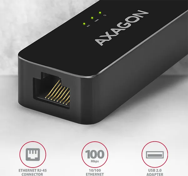 AXAGON ADE-XR, USB 2.0 - Fast Ethernet sieťová karta, auto inštal, čierna