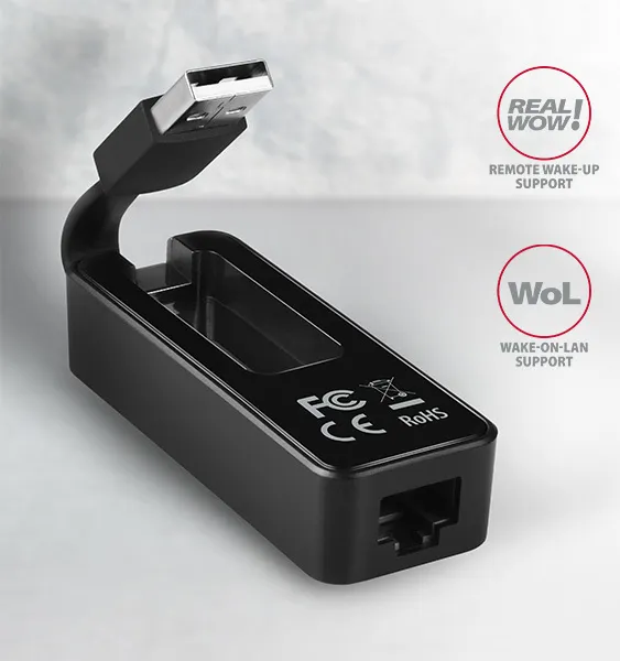 AXAGON ADE-XR, USB 2.0 - Fast Ethernet sieťová karta, auto inštal, čierna