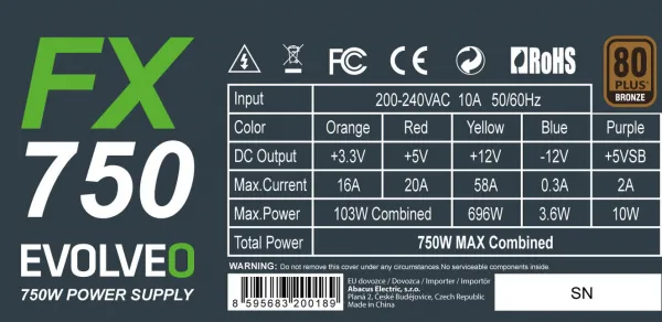 EVOLVEO FX 750 , zdroj 750W ATX, 14cm, tichý, 80+ bronze, bulk, záruka 3 roky