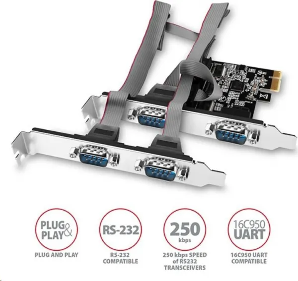 AXAGON PCEA-S4N, PCIe radič - 4x sériový port (RS232) 250 kbps, vrátane. LP