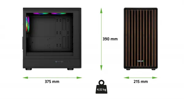 EVOLVEO Panthera, mATX skriňa, 3x ARGB 120 mm ventilátor, drevený predný panel + sklenený bočný panel