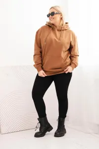 Legínovo Dámska mikina s očkami Plus Size bavlnená s kapucňou a klokaním vreckom horčicová Farba: Hnedá, Veľkosť: 2XL