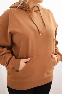 Legínovo Dámska mikina s očkami Plus Size bavlnená s kapucňou a klokaním vreckom horčicová Farba: Hnedá, Veľkosť: 2XL