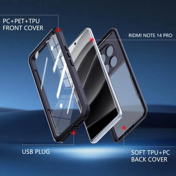 SOLID IP68 Obojstranný kryt pre Xiaomi Redmi Note 14 Pro 5G čierny