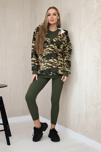 Legínovo Trojdielny komplet maskáčová mikina, top a legíny khaki + béžová Farba: Khaki, Veľkosť: UNI