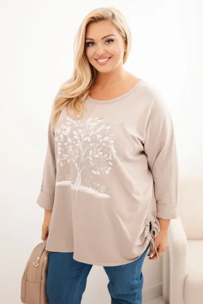 Legínovo Dámska mikina Plus Size bavlnená s potlačou stromu béžová. Farba: Hnedá, Veľkosť: UNI