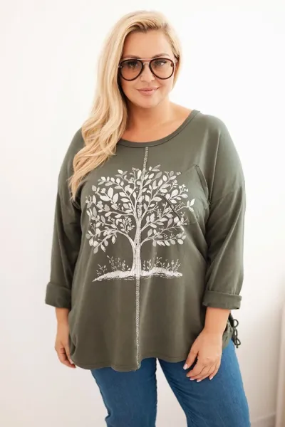Legínovo Dámska mikina Plus Size bavlnená s potlačou stromu béžová. Farba: Hnedá, Veľkosť: UNI