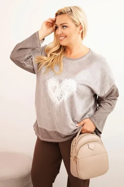 Legínovo Dámska mikina Plus Size bavlnená s potlačou srdca a šnúrkami hnedá Farba: Khaki, Veľkosť: UNI