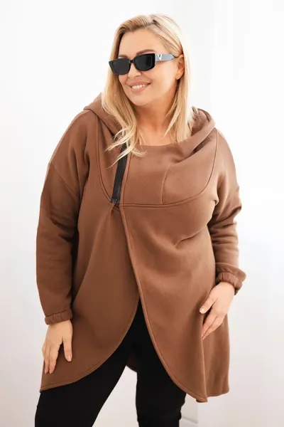Legínovo Dámska mikina Plus Size s kapucňou a asymetrickým zipsom hnedá Farba: Khaki, Veľkosť: 2XL/3XL