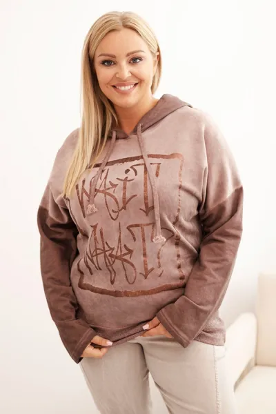 Legínovo Dámska mikina Plus Size s kapucňou a potlačou hnedá Farba: Olivová, Veľkosť: UNI