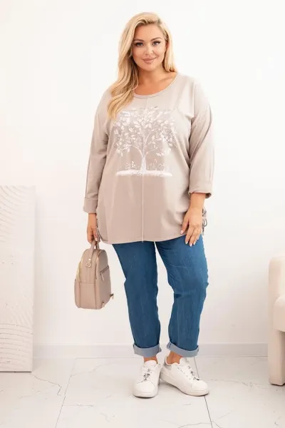 Legínovo Dámska mikina Plus Size bavlnená s potlačou stromu béžová. Farba: Hnedá, Veľkosť: UNI