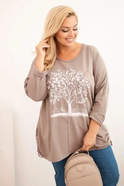 Legínovo Dámska mikina Plus Size bavlnená s potlačou stromu béžová. Farba: Hnedá, Veľkosť: UNI