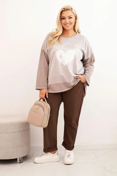 Legínovo Dámska mikina Plus Size bavlnená s potlačou srdca a šnúrkami hnedá Farba: Hnedá, Veľkosť: UNI