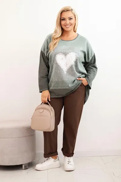 Legínovo Dámska mikina Plus Size bavlnená s potlačou srdca a šnúrkami hnedá Farba: Hnedá, Veľkosť: UNI