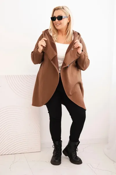 Legínovo Dámska mikina Plus Size s kapucňou a asymetrickým zipsom hnedá Farba: Hnedá, Veľkosť: 2XL/3XL