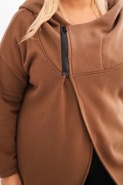 Legínovo Dámska mikina Plus Size s kapucňou a asymetrickým zipsom hnedá Farba: Hnedá, Veľkosť: 2XL/3XL