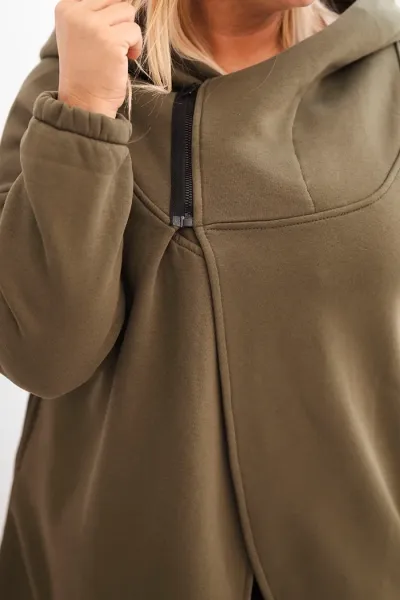 Legínovo Dámska mikina Plus Size s kapucňou a asymetrickým zipsom hnedá Farba: Hnedá, Veľkosť: 2XL/3XL