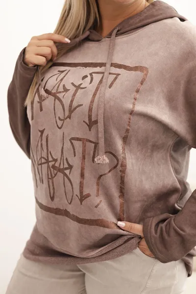 Legínovo Dámska mikina Plus Size s kapucňou a potlačou hnedá Farba: Hnedá, Veľkosť: UNI