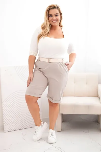 Legínovo Dámske bavlnené kraťasy Plus Size s opaskom hnedé Farba: Hnedá