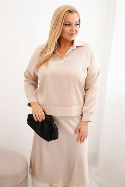 Legínovo Dámska súprava Plus Size so saténovým leskom a čipkou béžová Farba: Hnedá, Veľkosť: UNI
