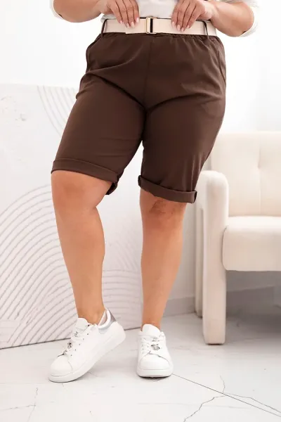 Legínovo Dámske bavlnené kraťasy Plus Size s opaskom hnedé Farba: Hnedá