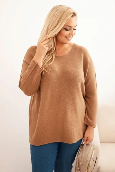 Legínovo Dámsky sveter plus size s lodičkovým výstrihom hnedý Farba: Olivová, Veľkosť: UNI