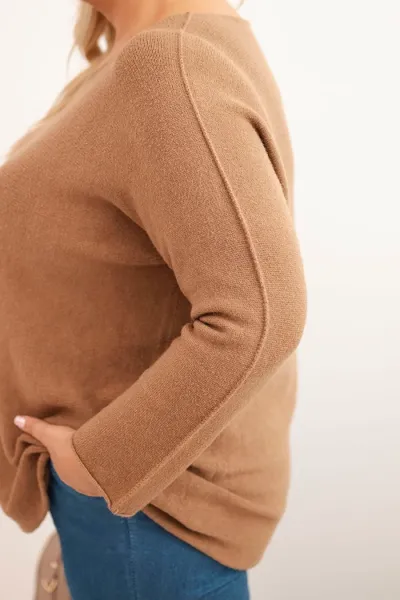 Legínovo Dámsky sveter plus size s lodičkovým výstrihom hnedý Farba: Olivová, Veľkosť: UNI