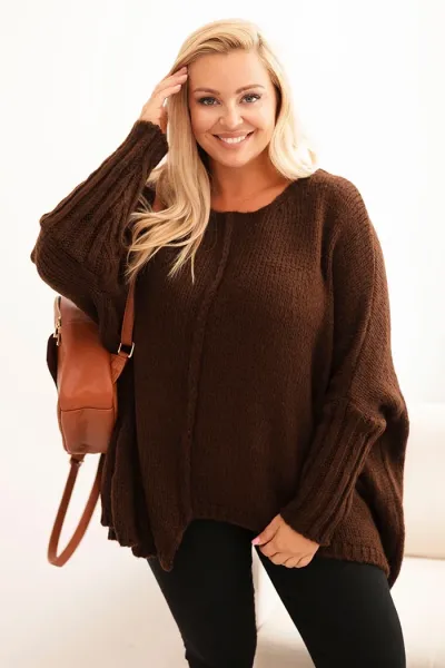 Legínovo Dámsky sveter Plus Size s akrylom vo voľnom strihu a 3/4 rukávom hnedý Farba: Čierna, Veľkosť: UNI