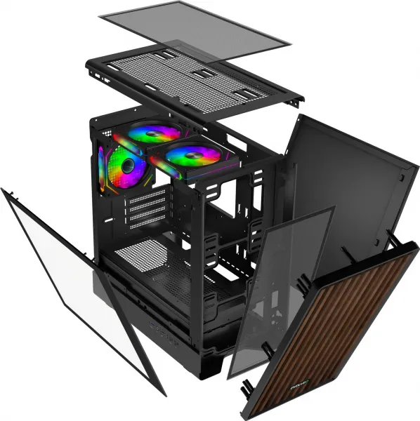 EVOLVEO Panthera, mATX skriňa, 3x ARGB 120 mm ventilátor, drevený predný panel + sklenený bočný panel